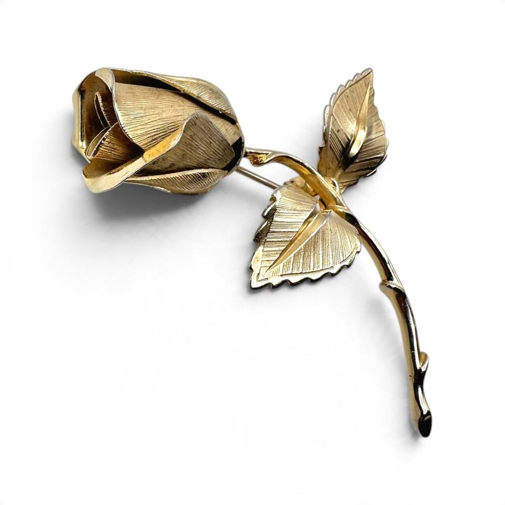 Vintage Giovanni Longcraft Gold Tone Long Stem Rose Flower Brooch Floral Pin